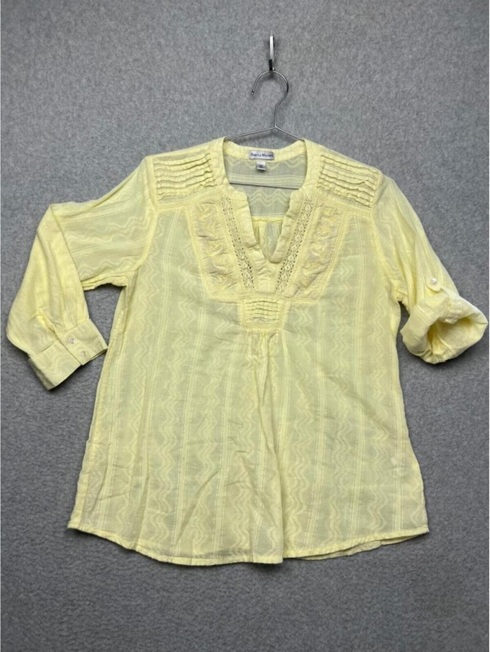 Rebecca Malone Yellow Crochet Pintuck Peasant Blouse Roll Tab Sleeve Boho M EUC
